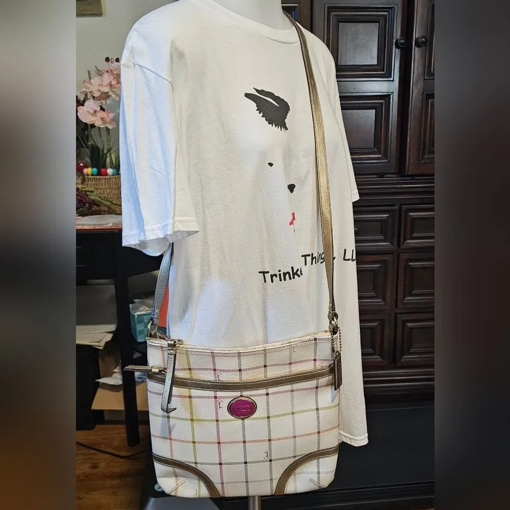 Coach White Plaid Crossbody Bag with Gold Trim